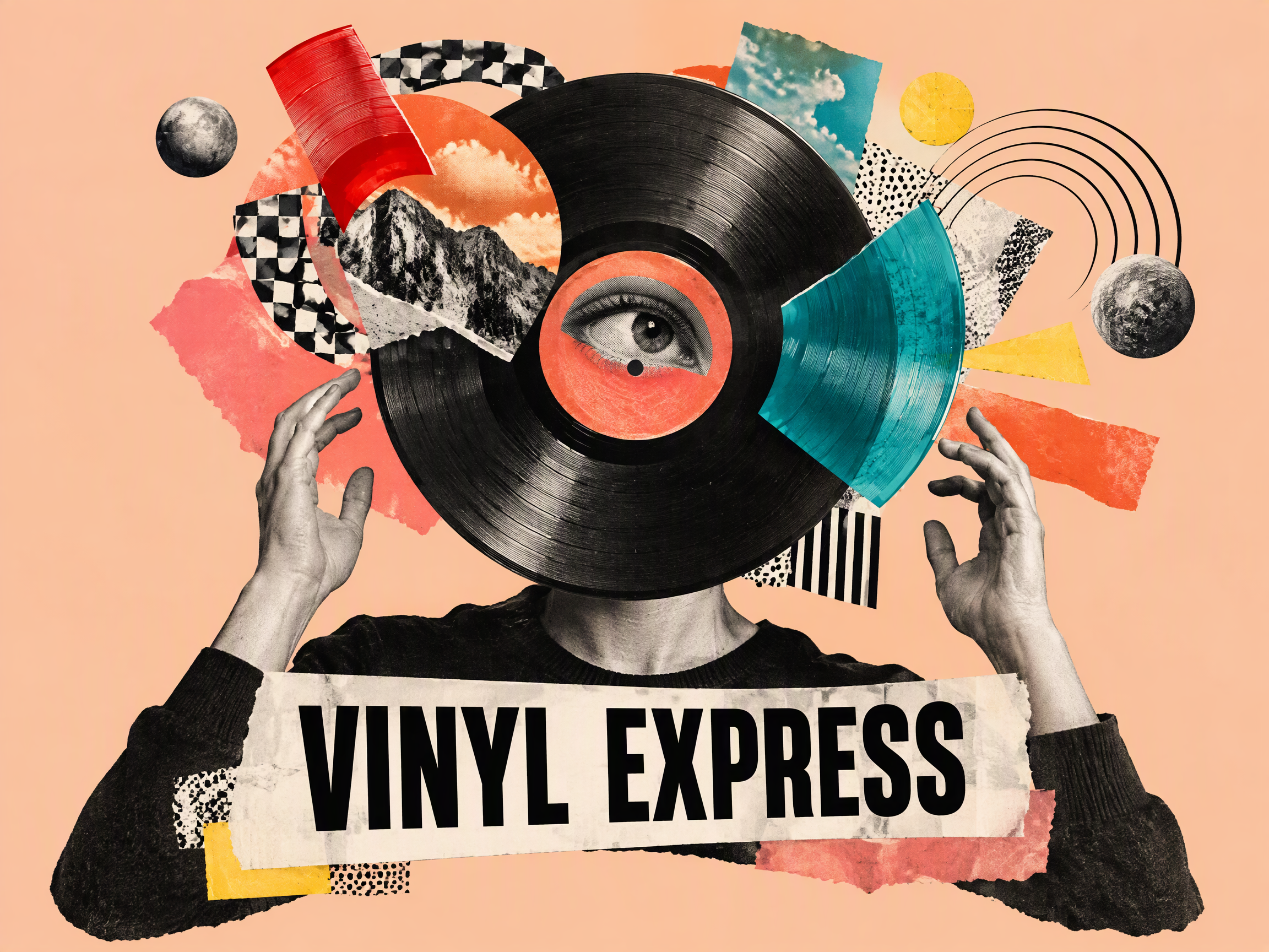 Vinyl Express 超现实拼贴海报：黑胶唱片与眼睛、双手、彩色纸片组成抽象人像